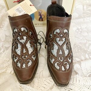 Girls Brown Western Booties with Silver Glitter Inset
